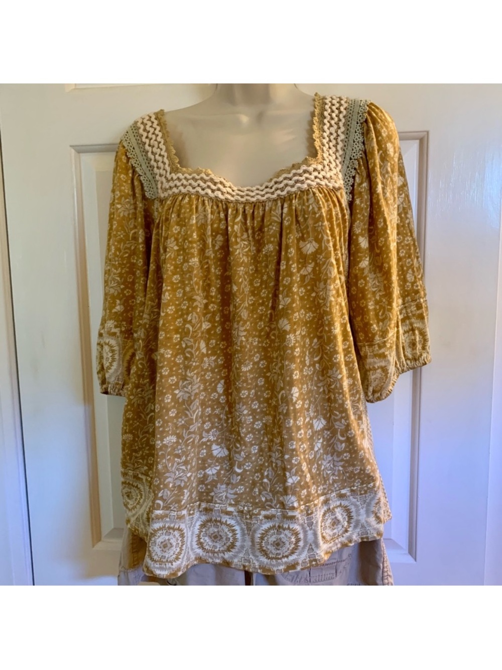 Rachel Zoe Mustard Yellow Floral Boho Blouse with Crochet Trim